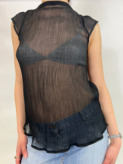Black Mesh Top with Blue Lace Detail