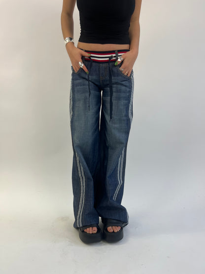 Low-rise Wide Leg Jeans With Red/White Elasticated Waistband