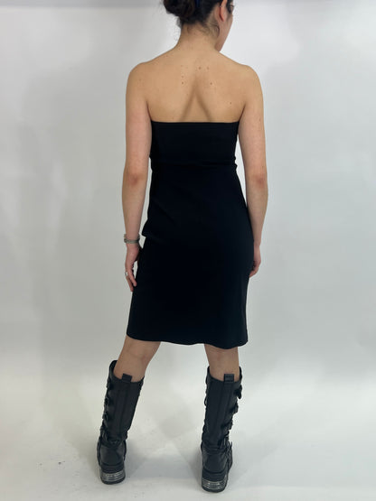 Strapless Black Stretchy Midi Dress with Leg Slit