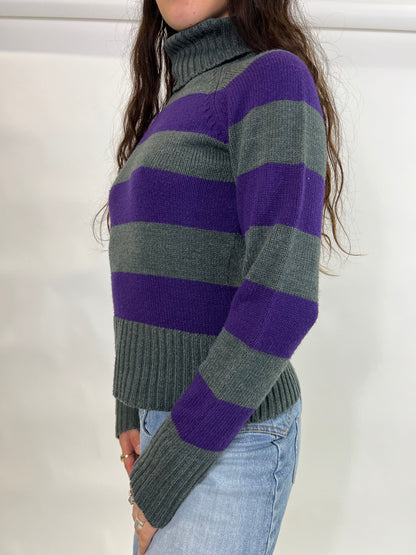 Grey/Purple Roll Neck Striped Jumper