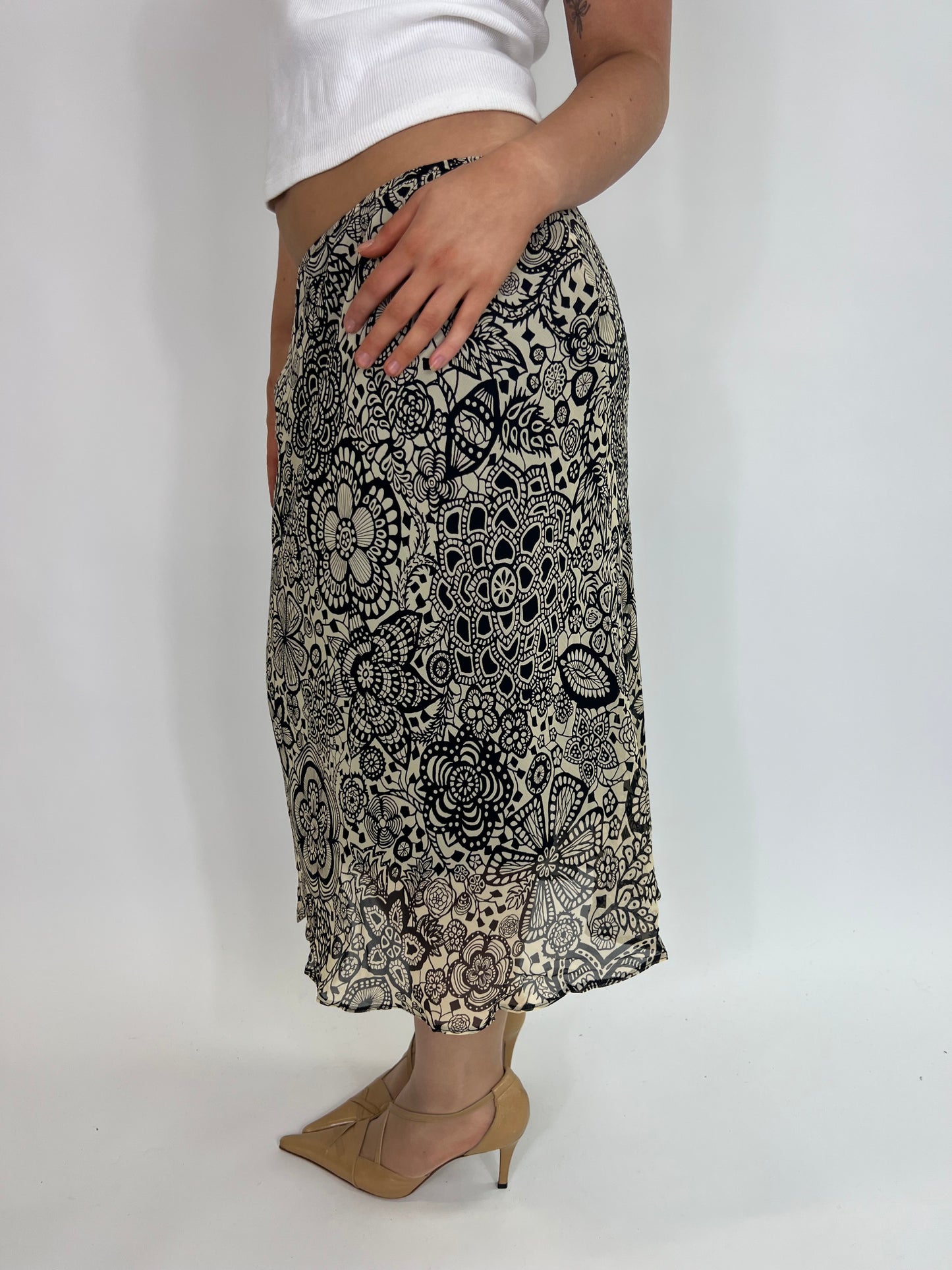 Beige/Brown Floral Print Midi Skirt