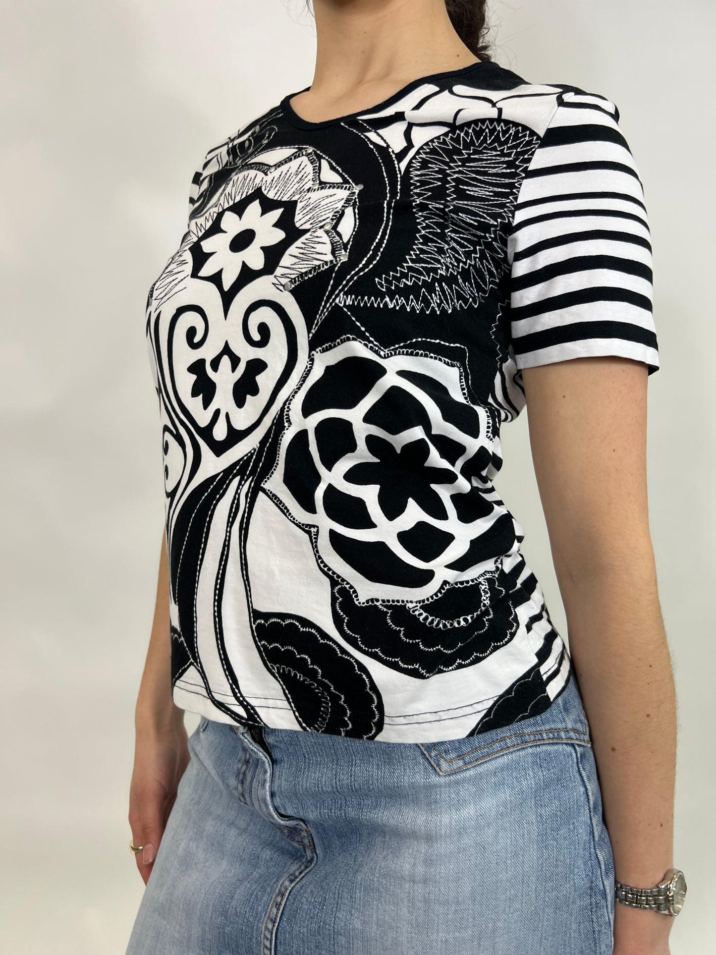 Black/White Floral and Stripe Print Top