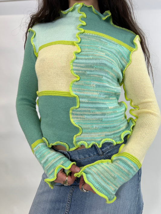 Yellow/Teal Contrast Stitching Patchwork Top
