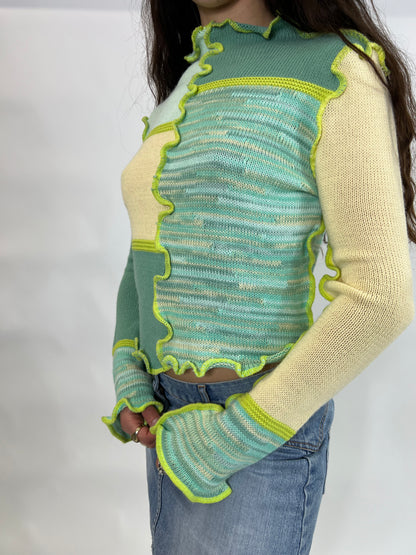 Yellow/Teal Contrast Stitching Patchwork Top