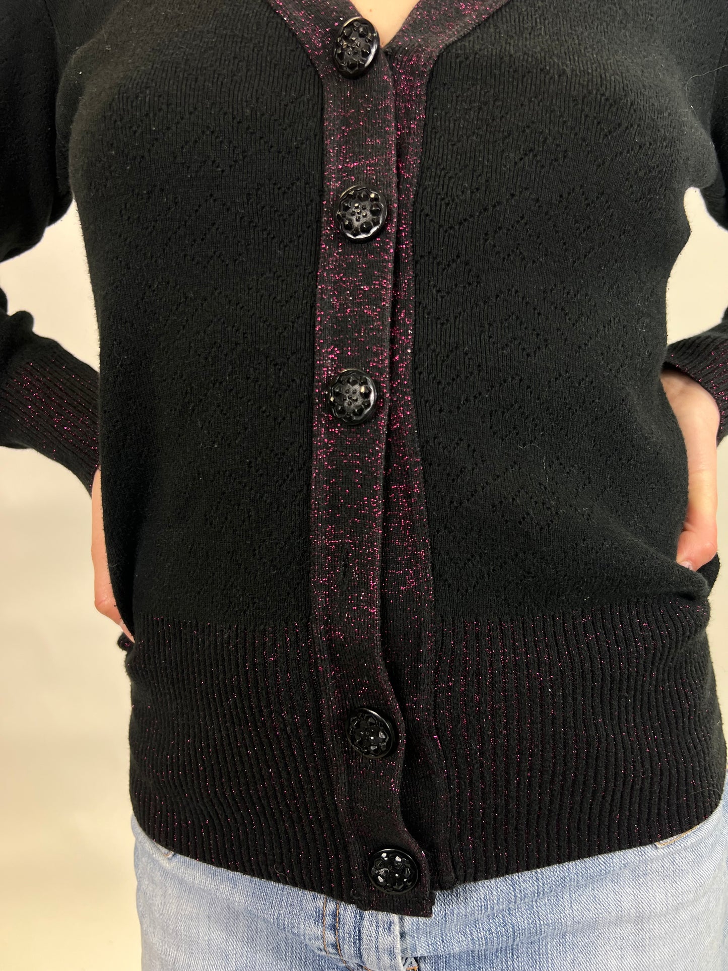 Black Knit Cardigan with Pink Glitter Detail