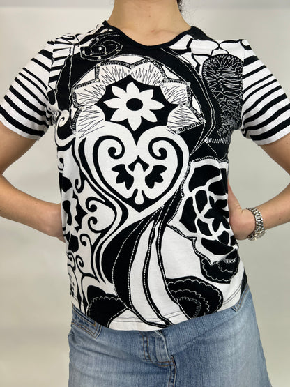 Black/White Floral and Stripe Print Top