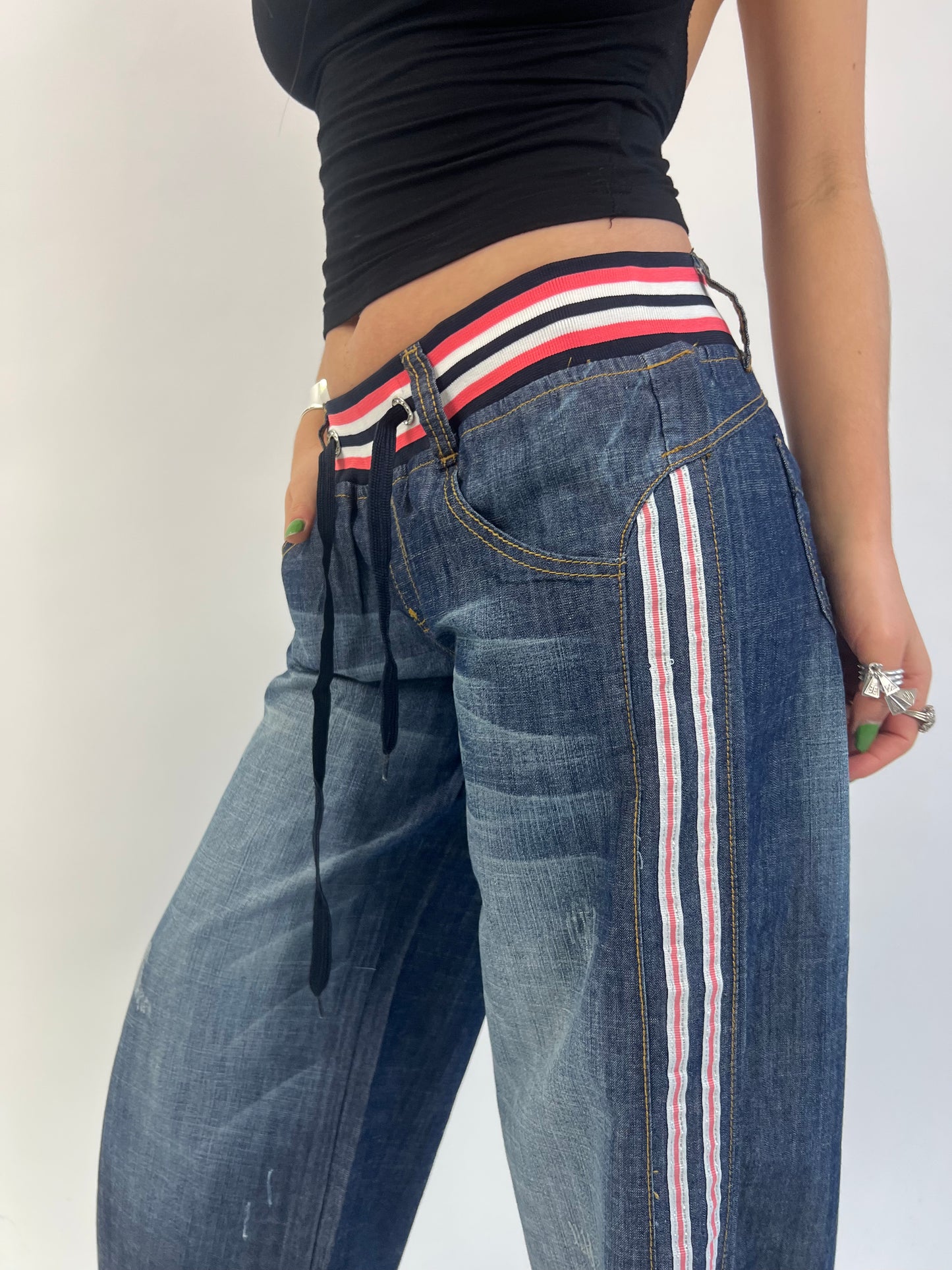 Low-rise Wide Leg Jeans With Pink/White Elasticated Waistband