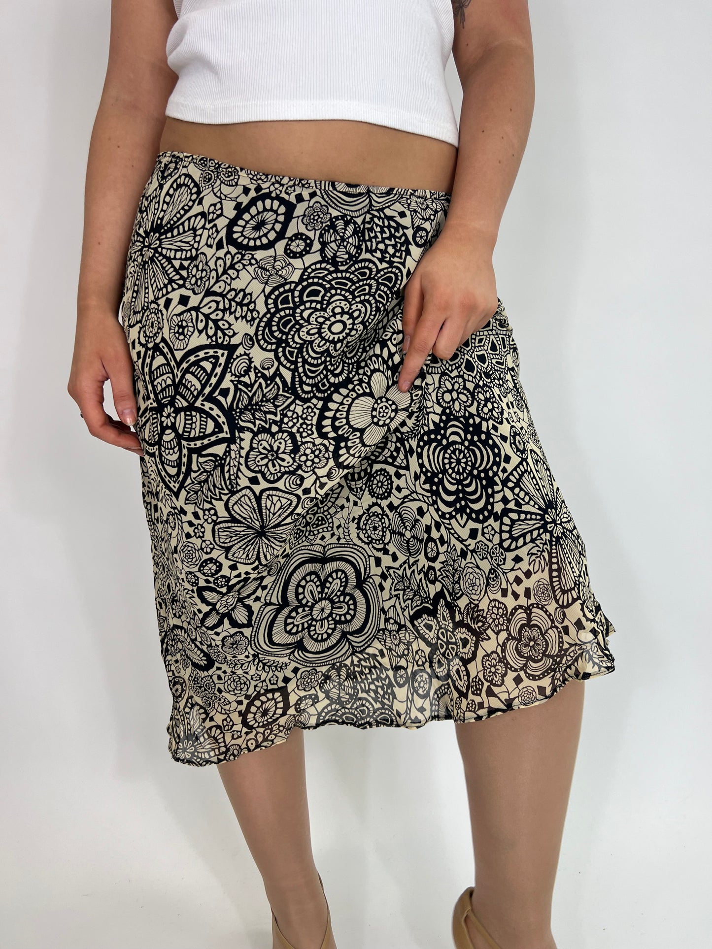 Beige/Brown Floral Print Midi Skirt