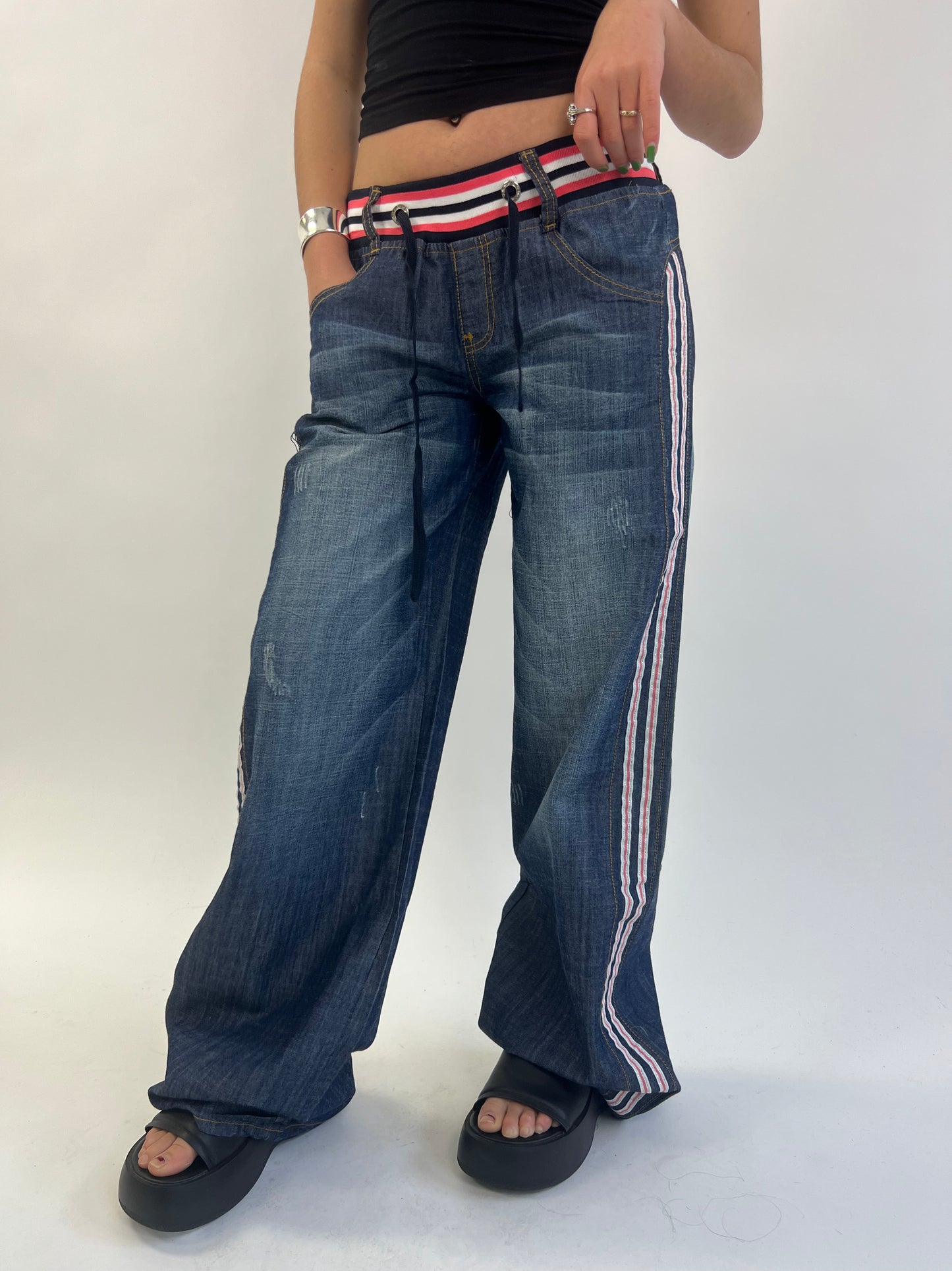 Low-rise Wide Leg Jeans With Pink/White Elasticated Waistband