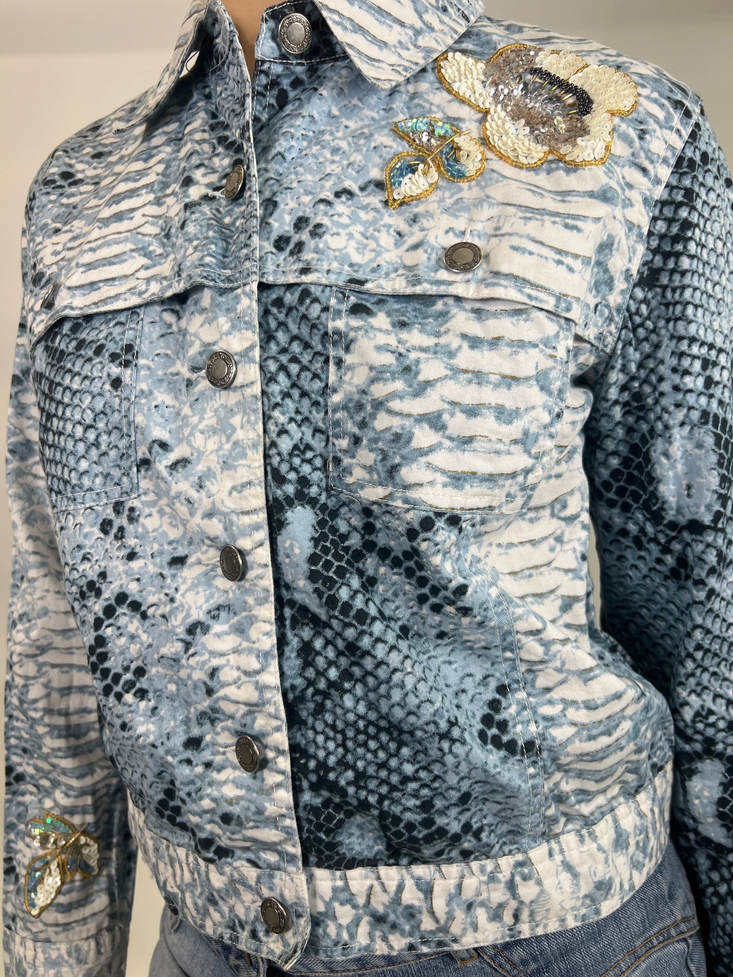 Baby Blue Snakeskin Print Denim Jacket