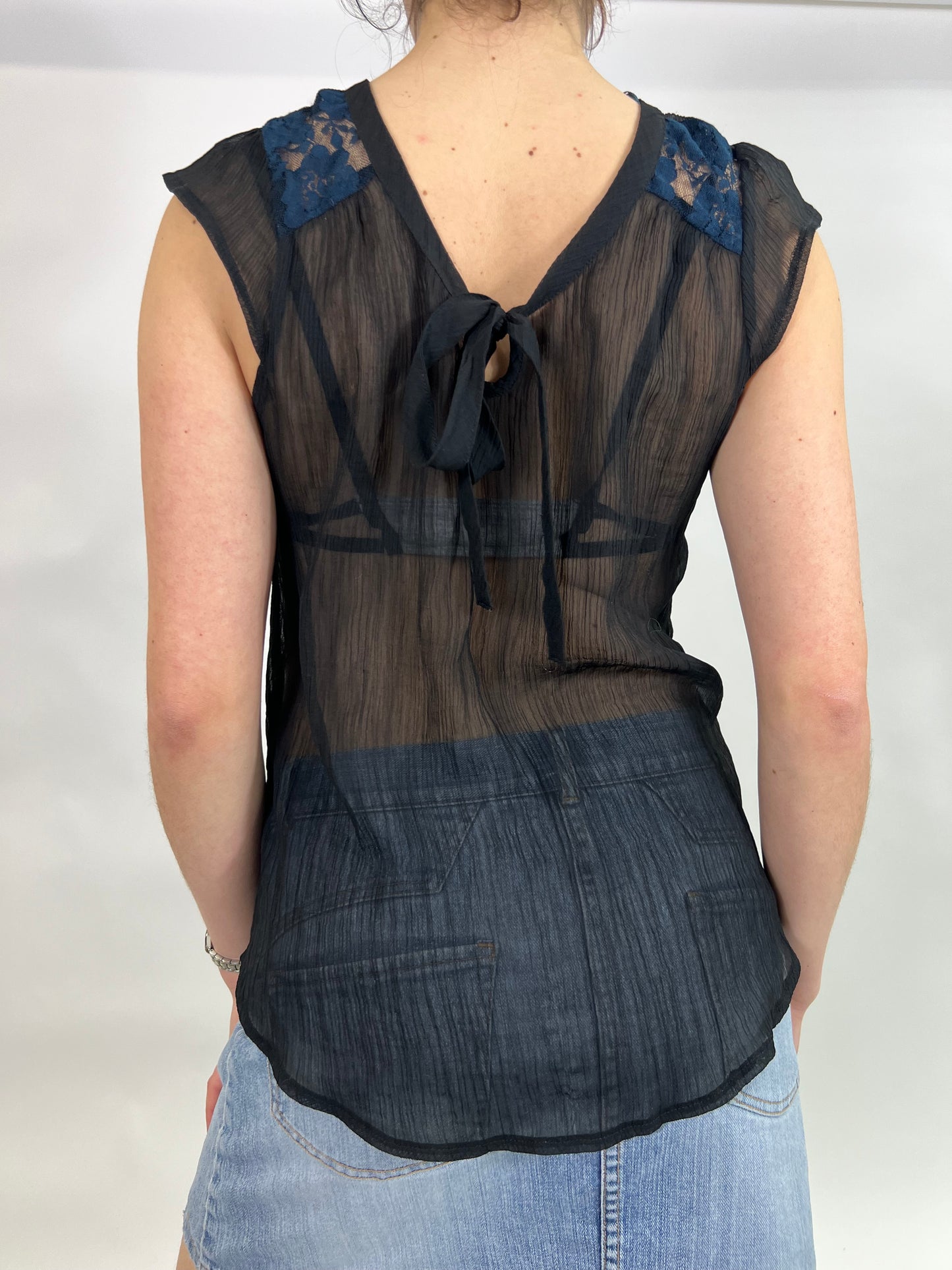 Black Mesh Top with Blue Lace Detail