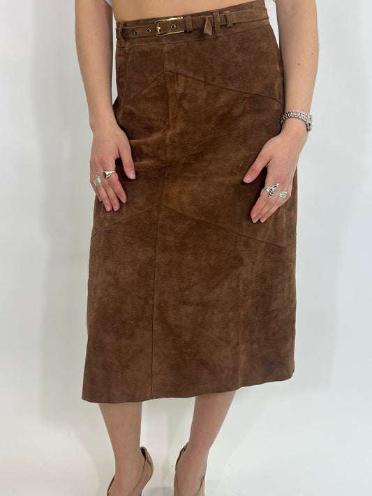 Brown Suede Midi Skirt