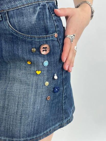 Indigo Denim Mini Skirt with Button Embellishments