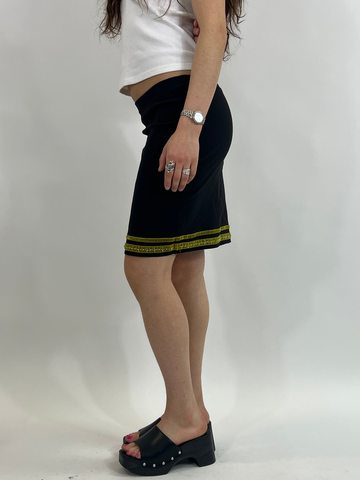 Black Midi Skirt with Yellow Beaded Trim