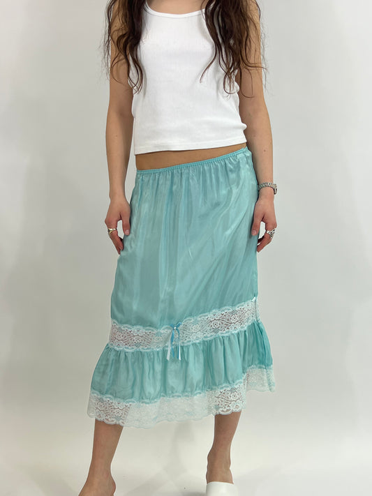 Light Turquoise Tiered Midi Pure Silk Skirt with Lace Detail