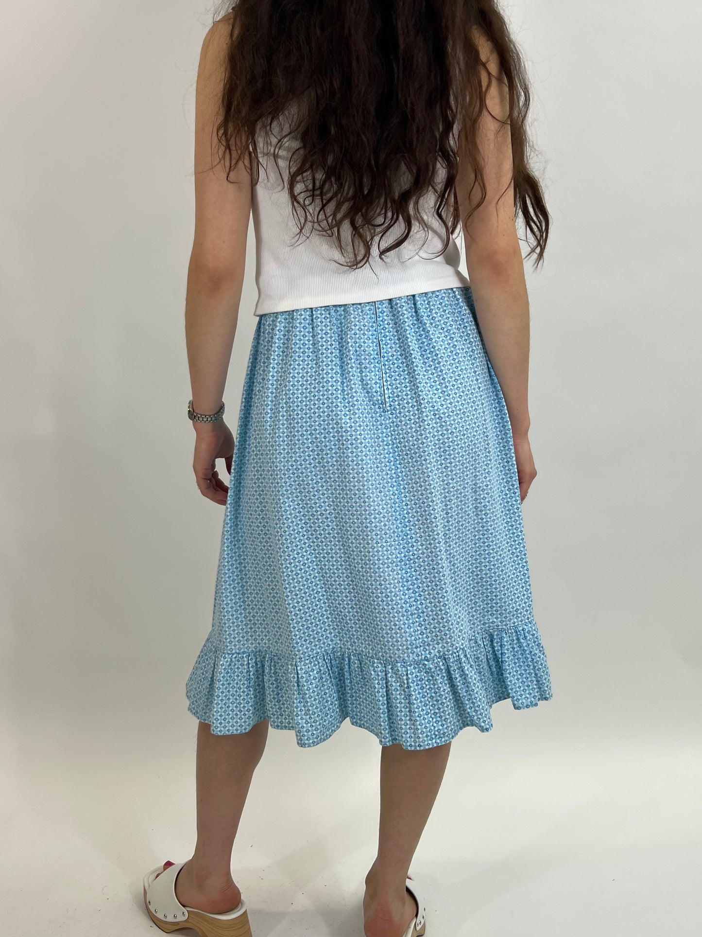 Light Blue Ruffle High Waisted Midi Skirt