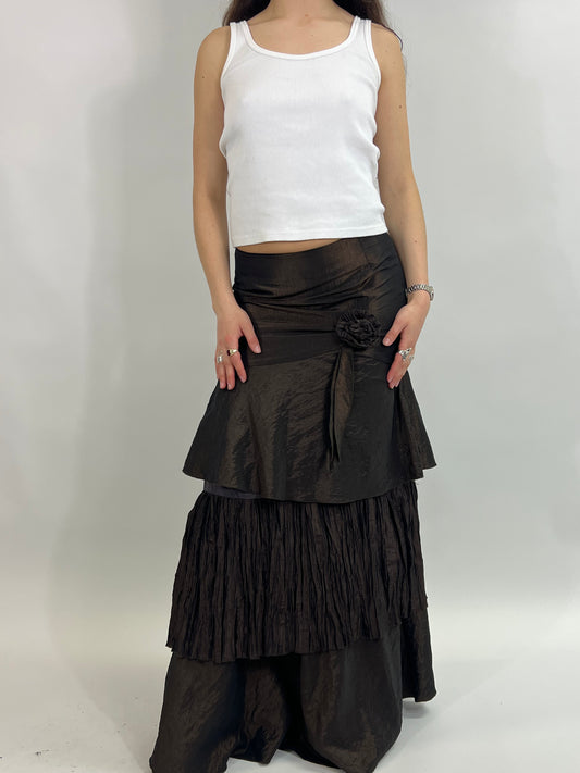 Brown Tiered Maxi Skirt with Rose Detail