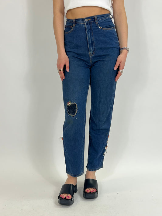 High Waisted Jeans with Floral Embroidery